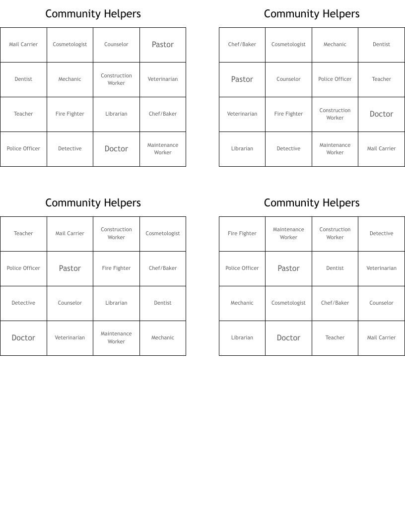 Community Helpers Bingo Cards