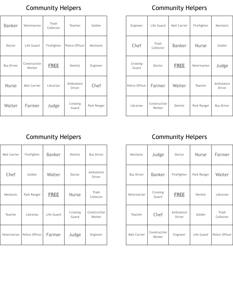 Community Helpers Bingo Cards