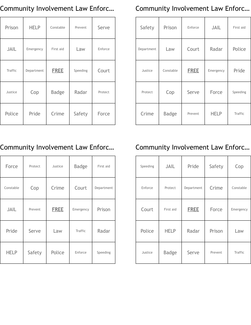 Community Involvement Law Enforcement  Bingo Cards