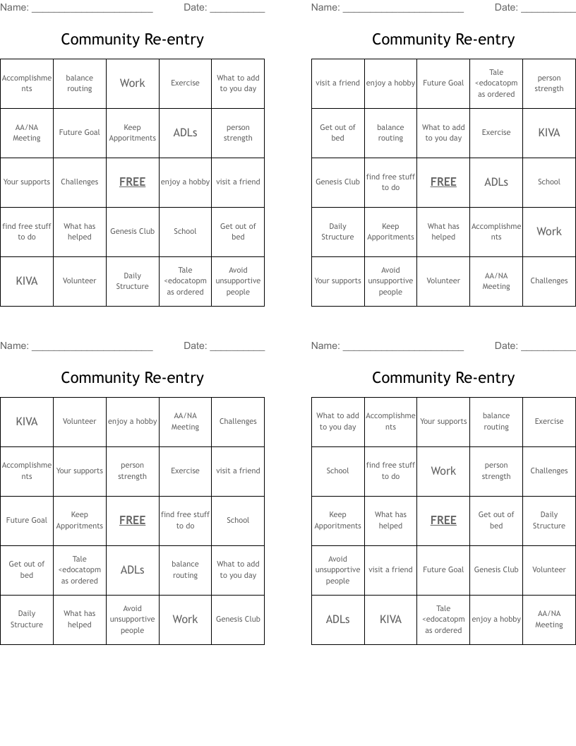 Community Re-entry Bingo Cards