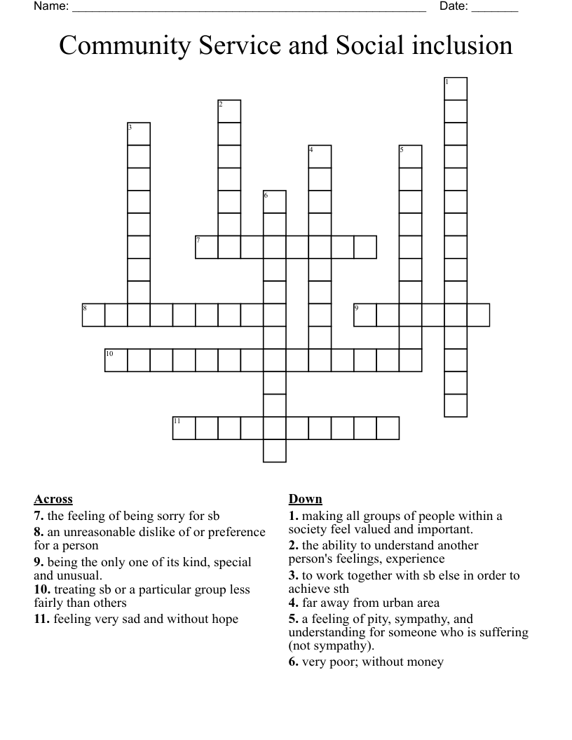 Community Service and Social inclusion Crossword