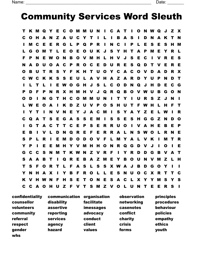 Community Services Word Sleuth Word Search