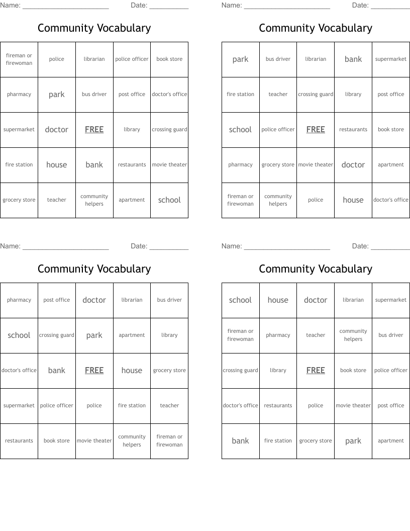 Community Vocabulary Bingo Cards