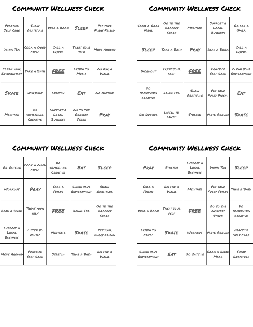 Community Wellness Check Bingo Cards