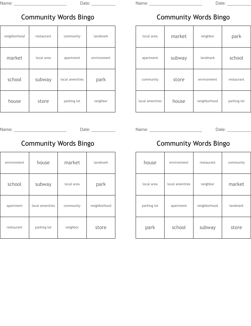 Community Words Bingo