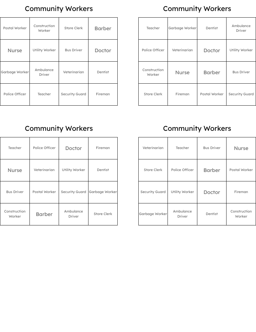 Community Workers Bingo Cards