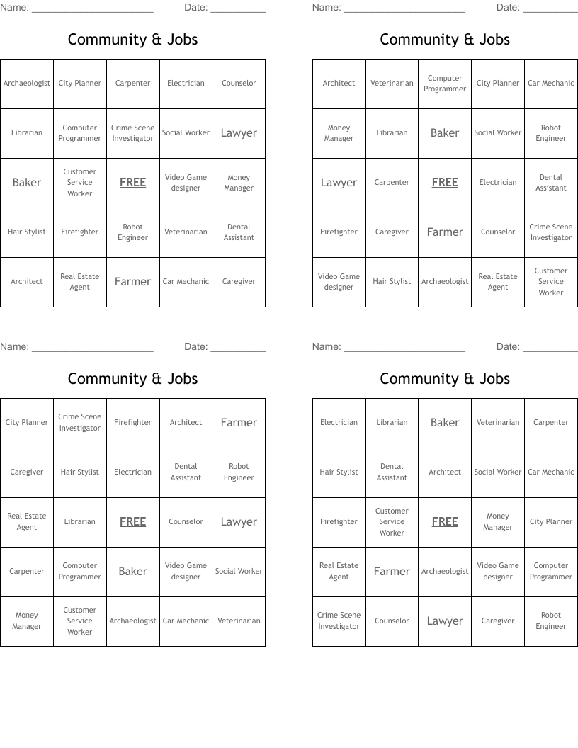 Community & Jobs Bingo Cards