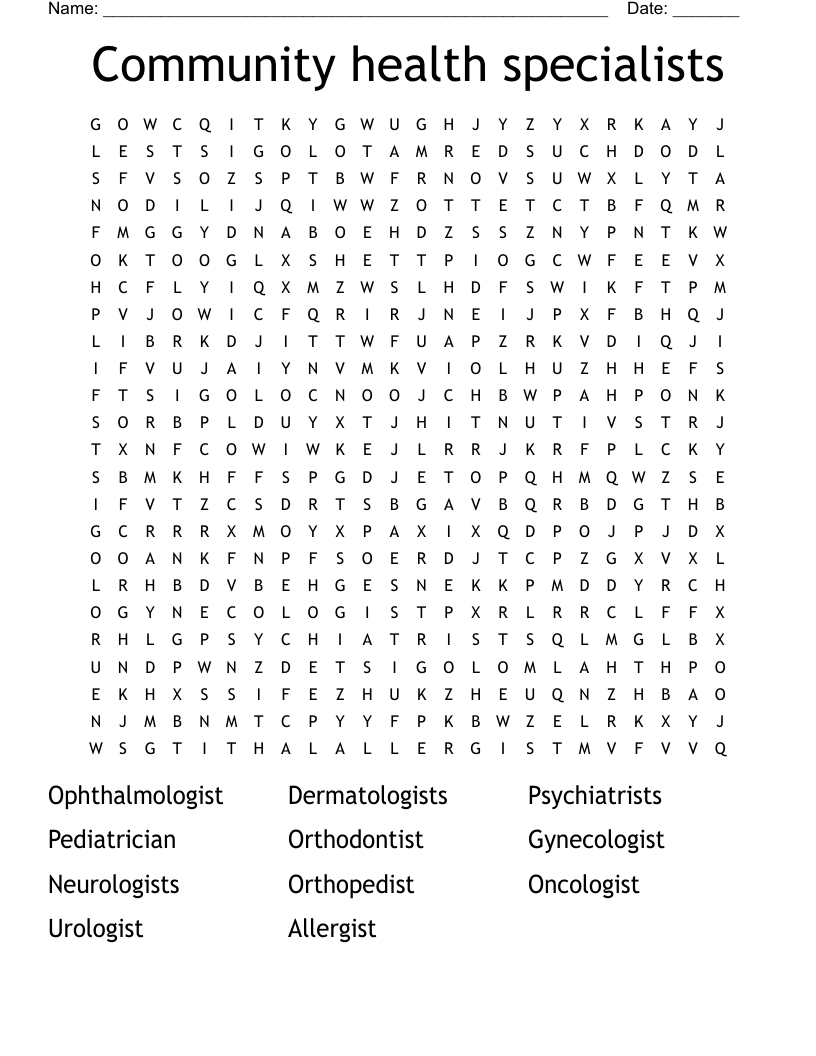 Community health specialists  Word Search