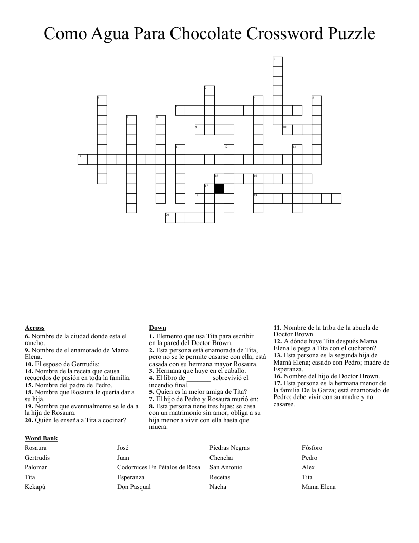 Como Agua Para Chocolate Crossword Puzzle
