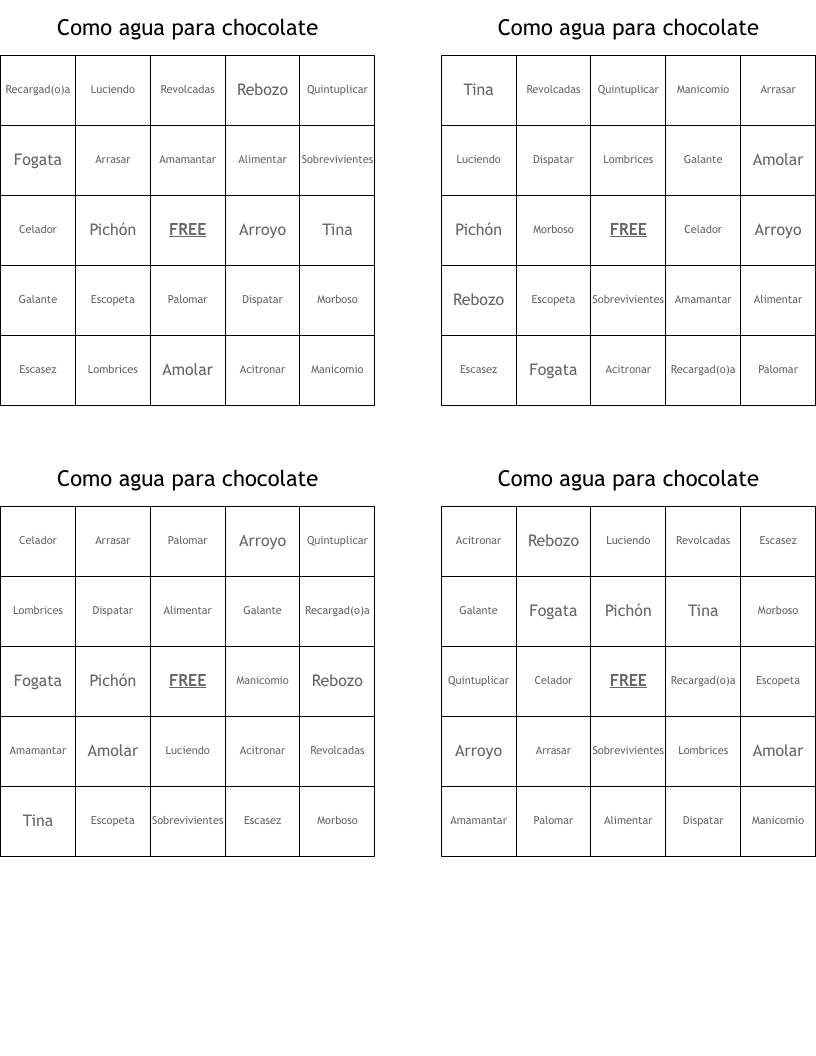 Como agua para chocolate Bingo Cards