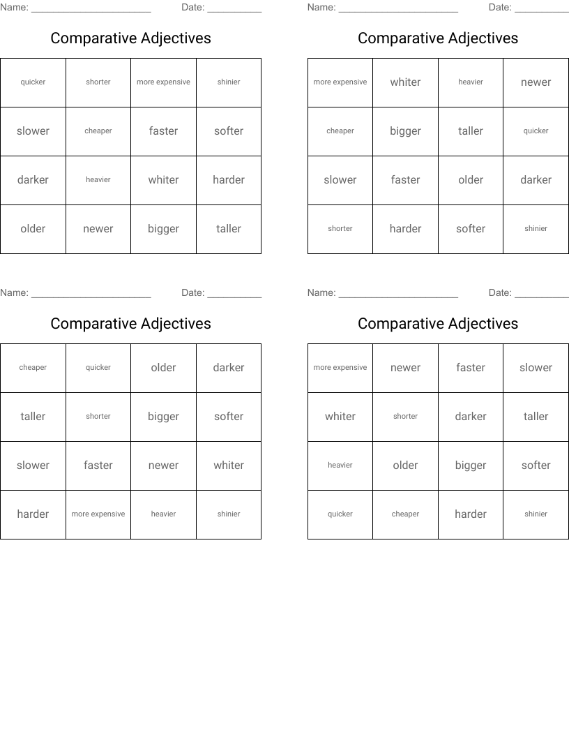 Comparative Adjectives Bingo Cards