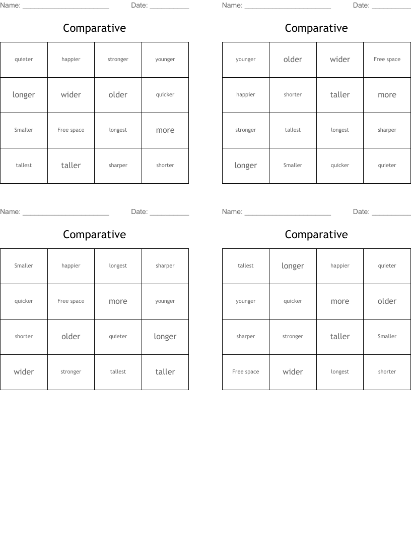 Comparative  Bingo Cards