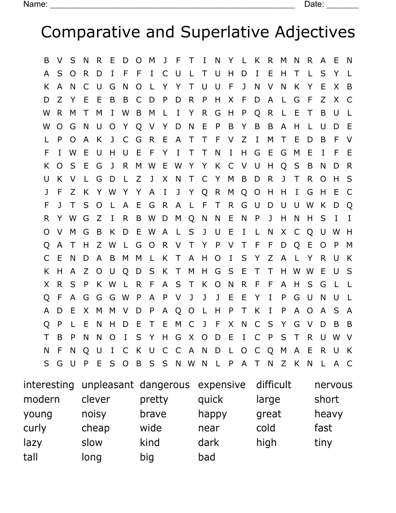 Comparative and Superlative Adjectives Word Search