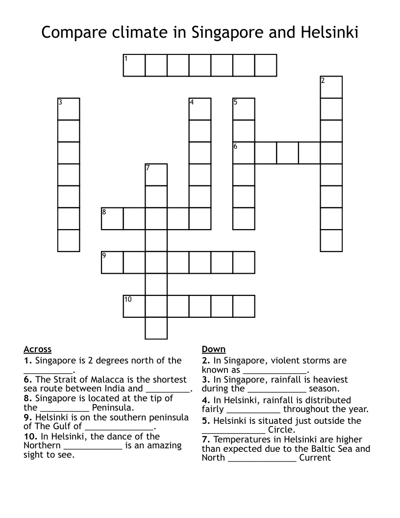 Compare climate in Singapore and Helsinki Crossword