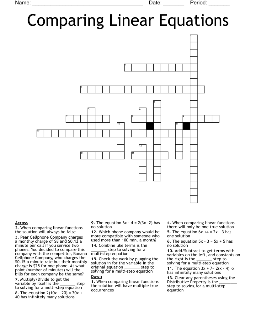 Comparing Linear Equations Crossword