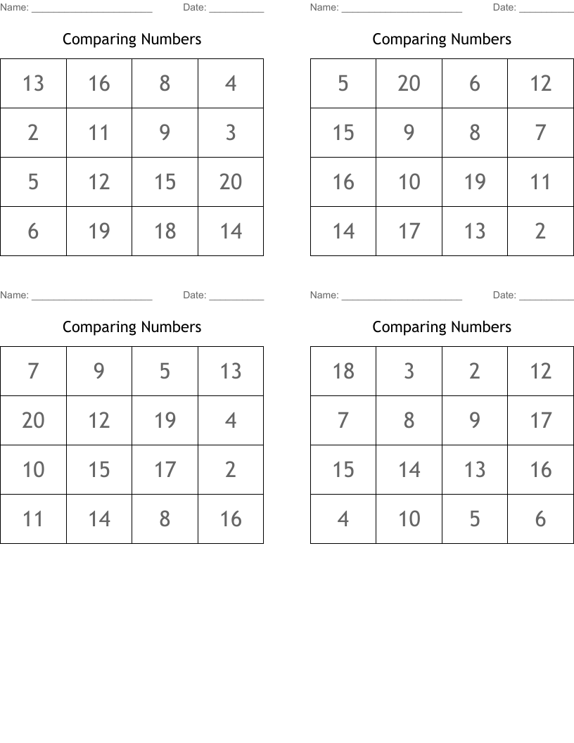 Comparing Numbers  Bingo Cards