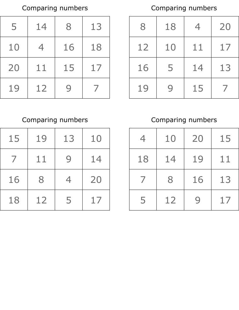 Comparing numbers Bingo Cards