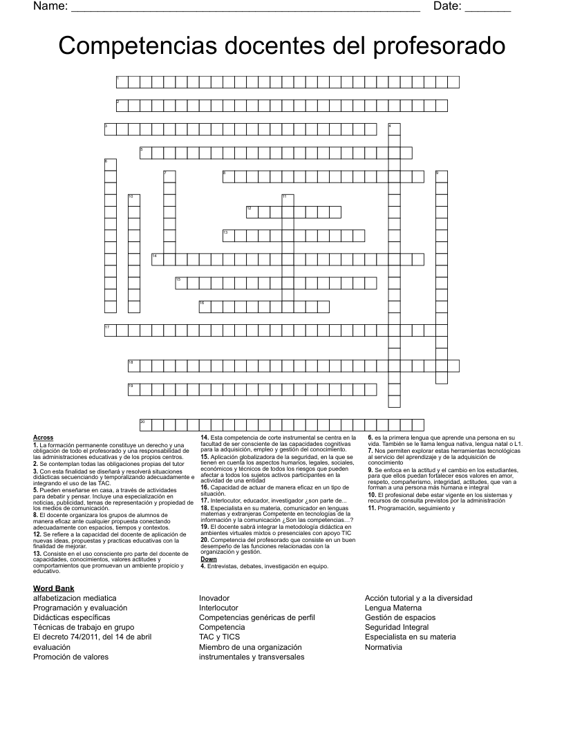 Competencias docentes del profesorado Crossword