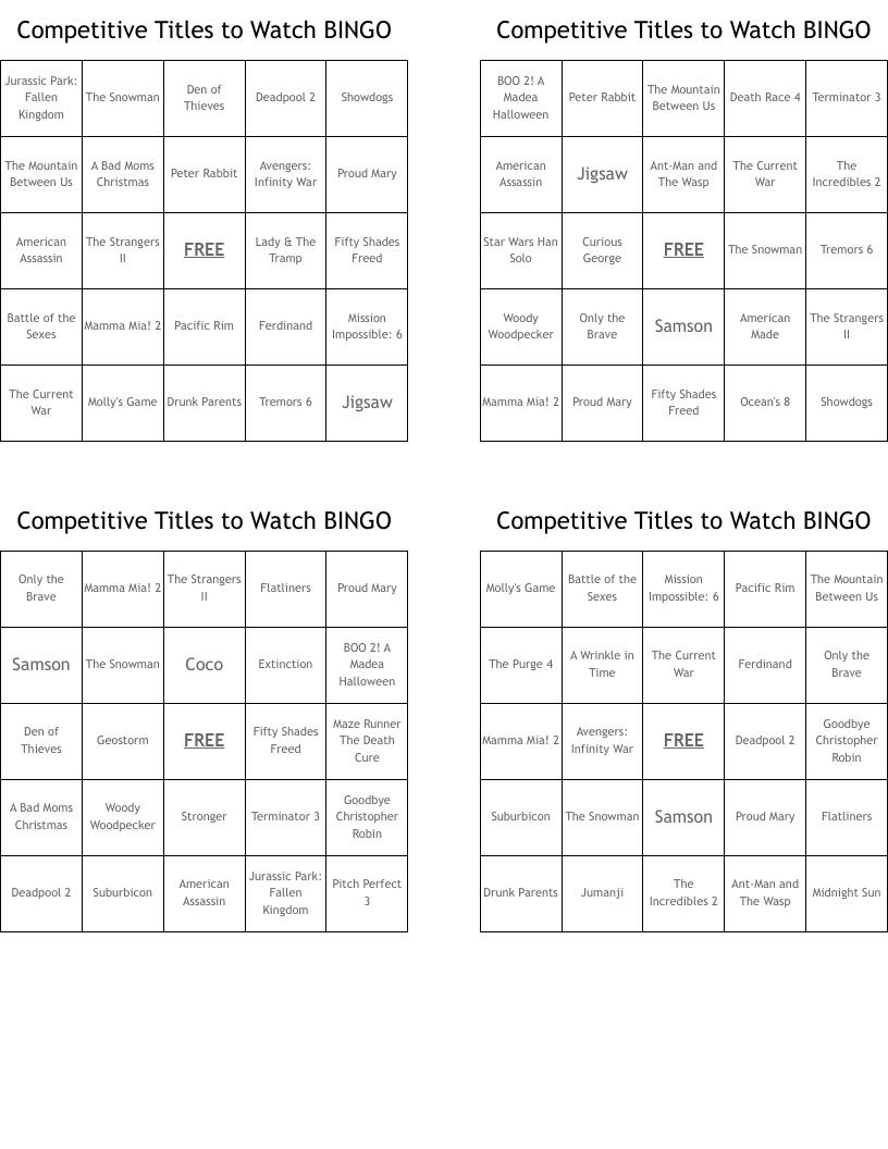 Competitive Titles to Watch BINGO