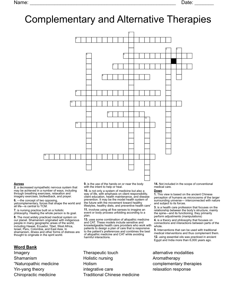 Complementary and Alternative Therapies Crossword