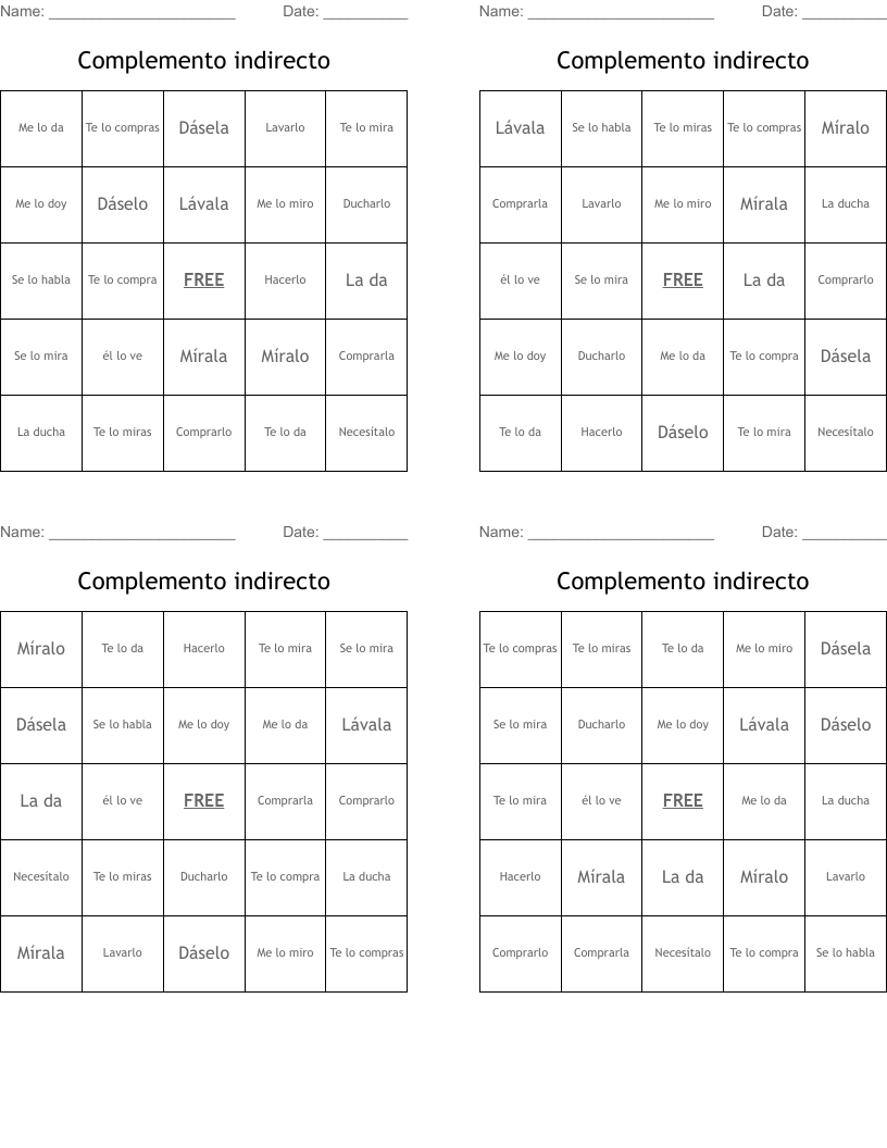Complemento indirecto Bingo Cards