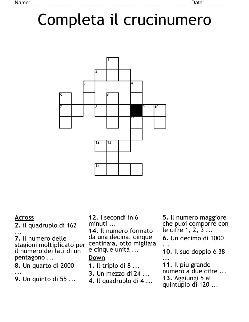 Completa il crucinumero Crossword