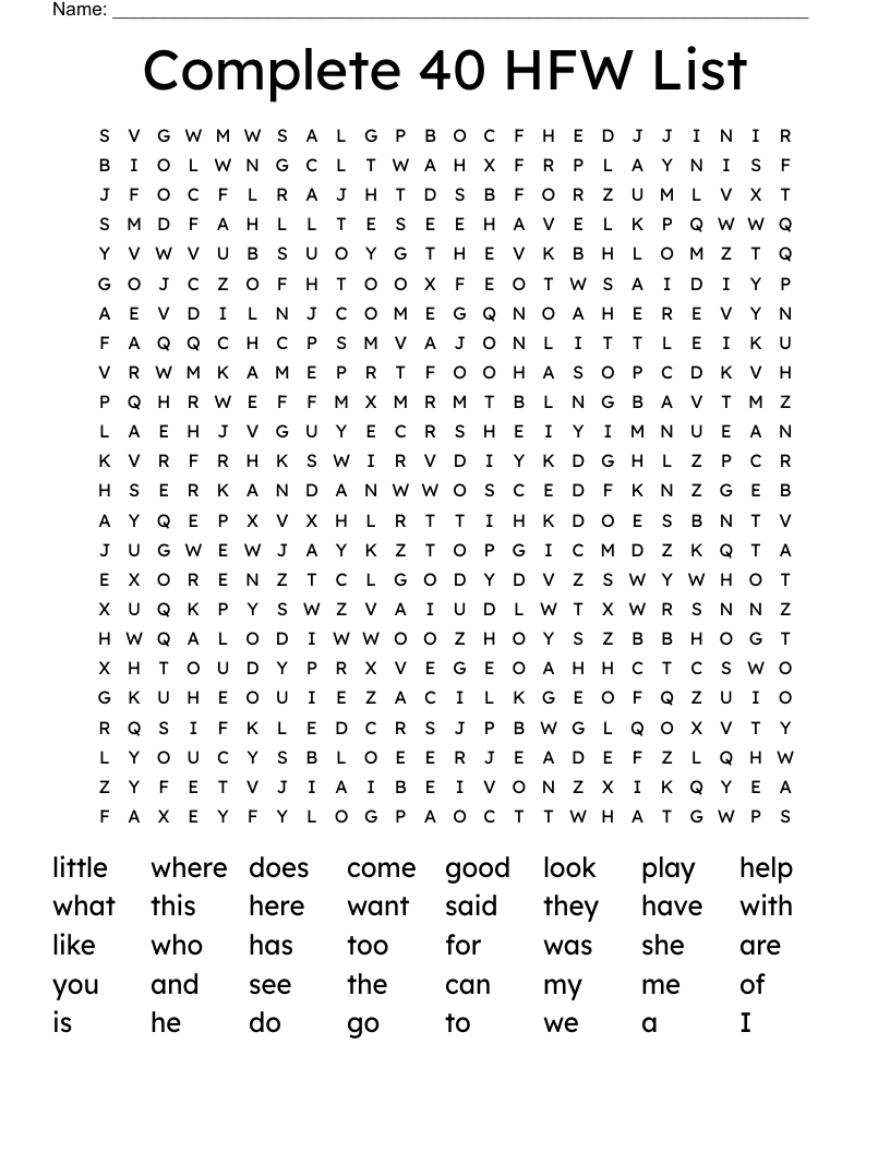 Complete 40 HFW List Word Search