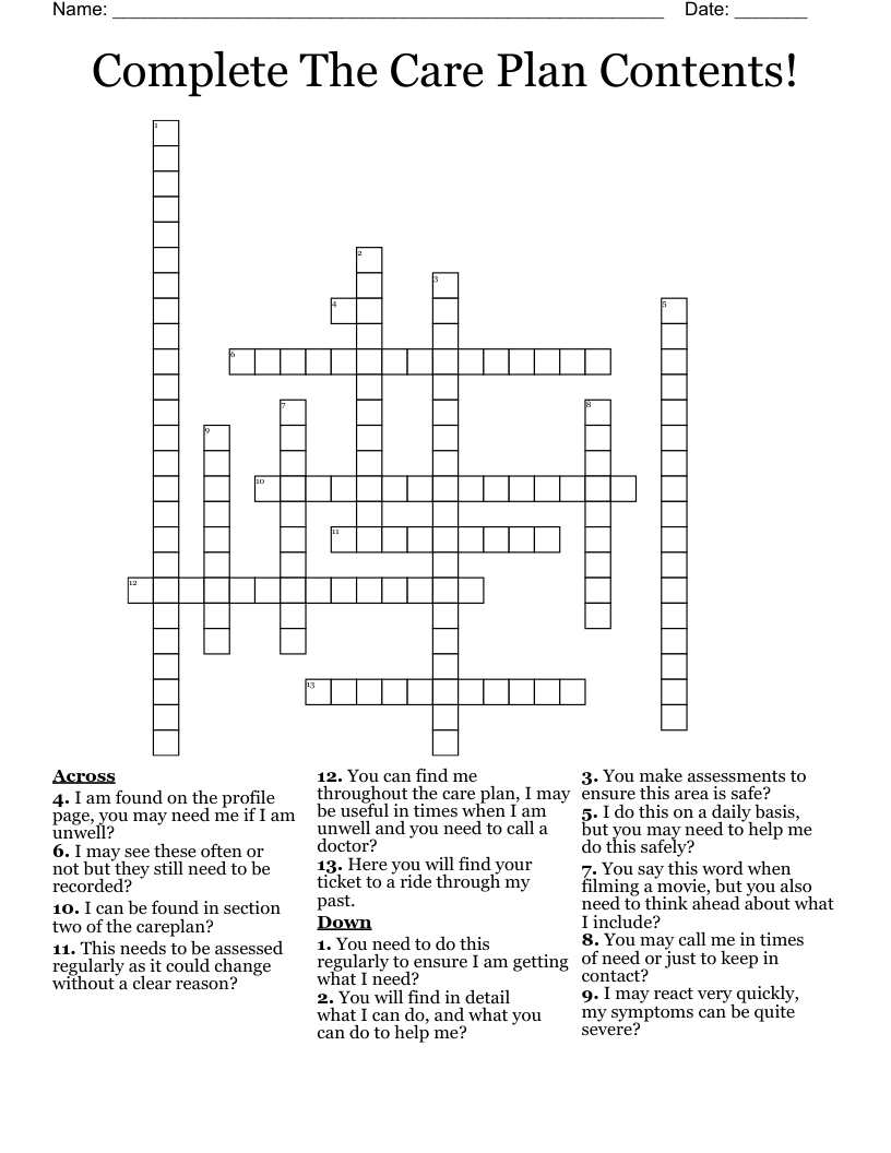 Complete The Care Plan Contents! Crossword