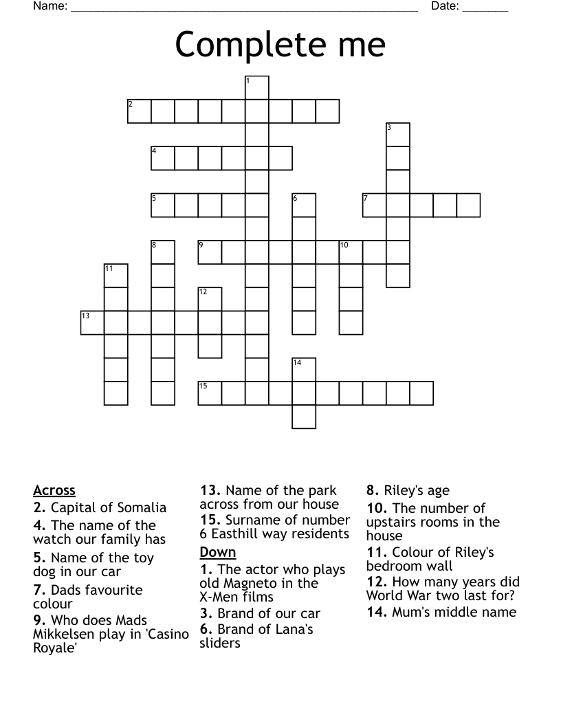Complete me Crossword