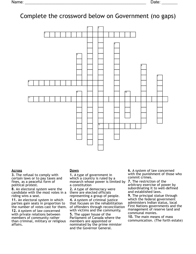 Complete the crossword below on Government (no gaps)
