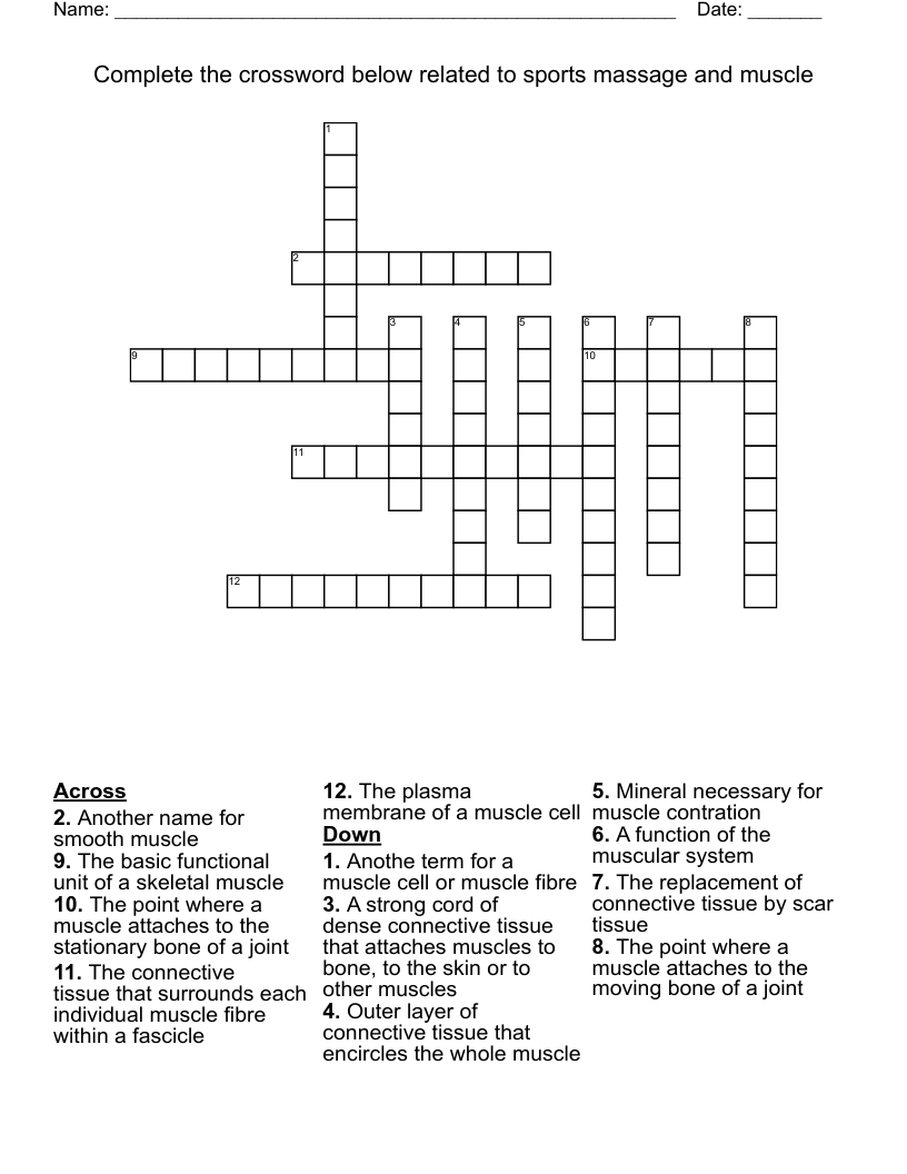 Complete the crossword below related to sports massage and muscle
