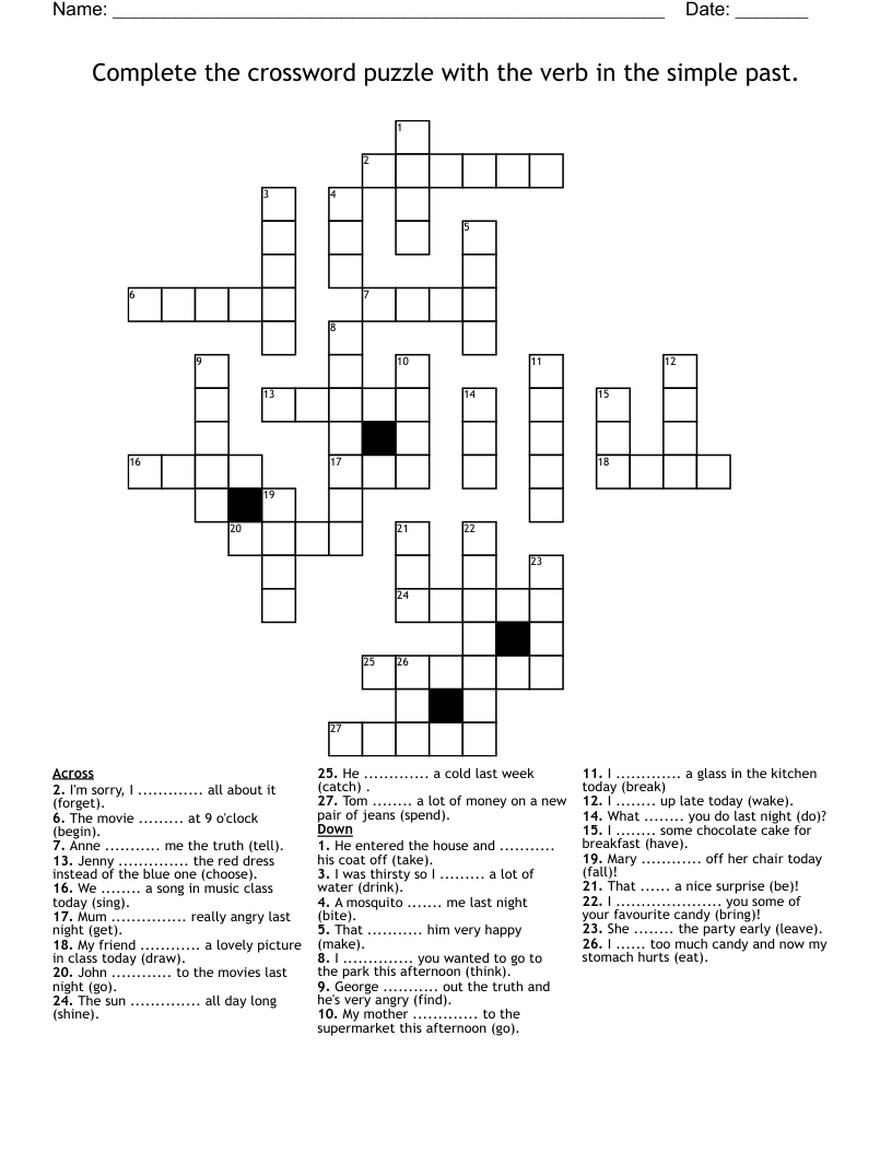 Complete the crossword puzzle with the verb in the simple past.