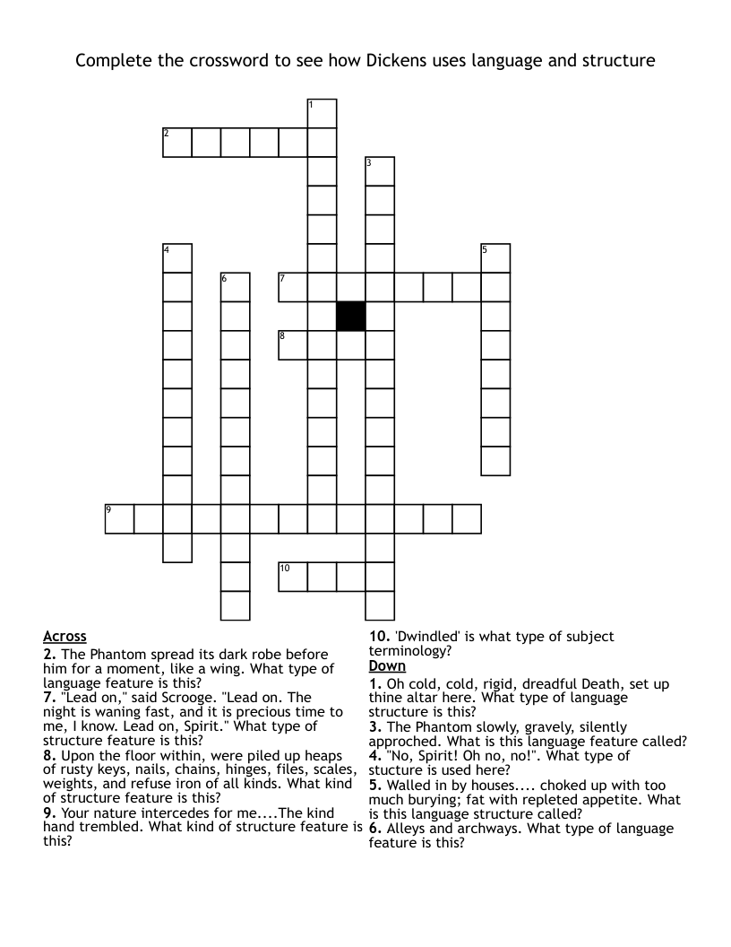 Complete the crossword to see how Dickens uses language and structure