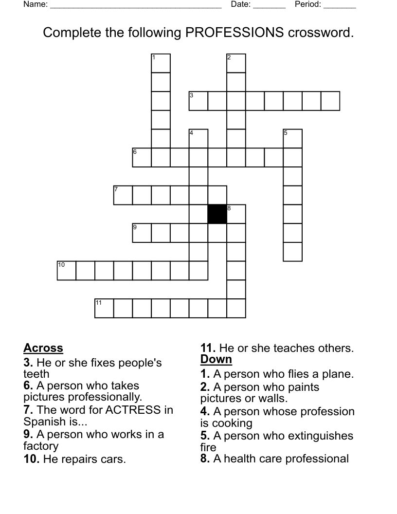 Complete the following PROFESSIONS crossword. 