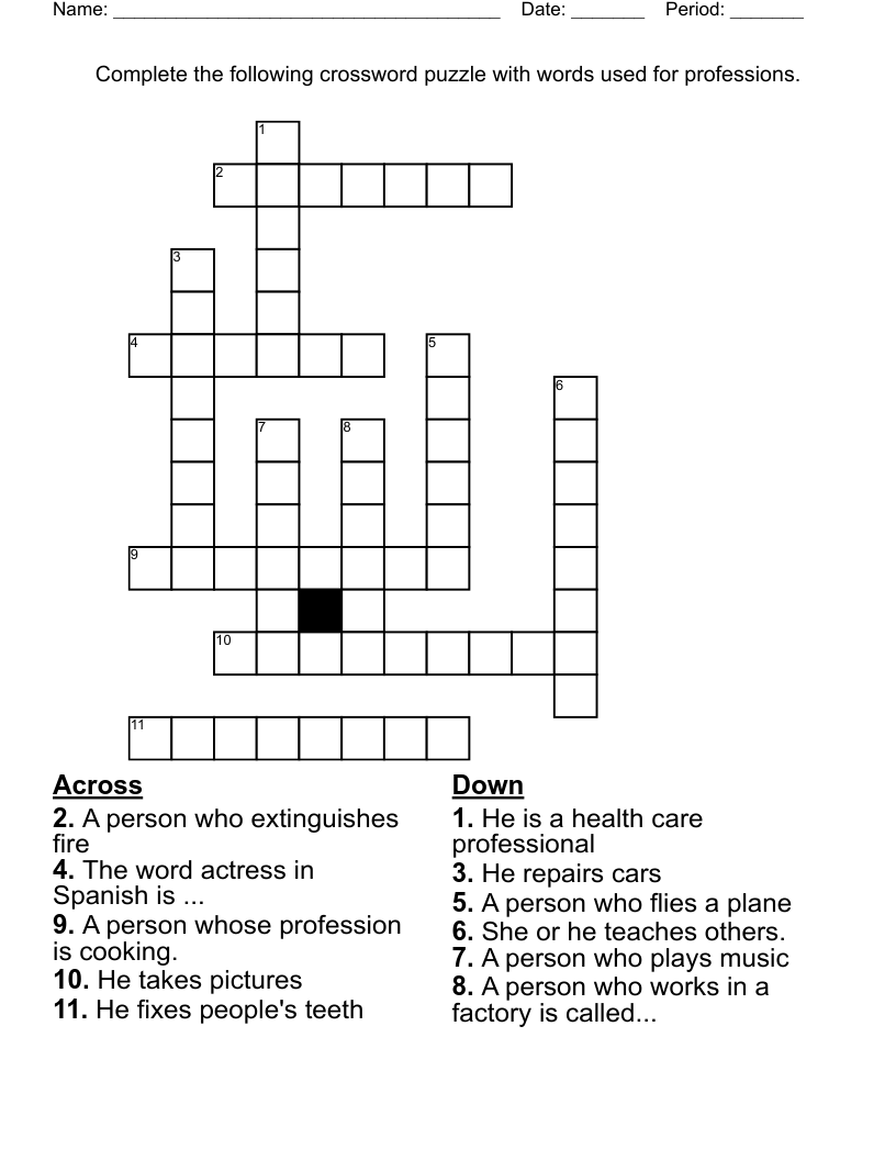 Complete the following crossword puzzle with words used for professions. 