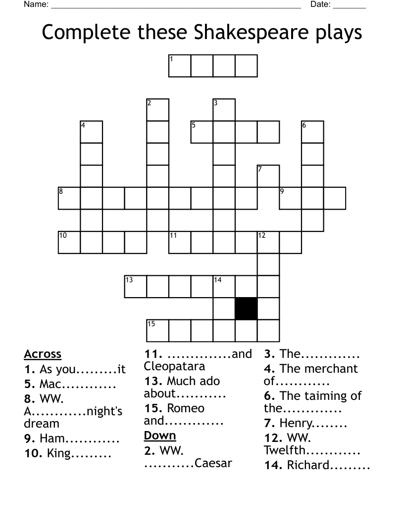 Complete these Shakespeare plays Crossword