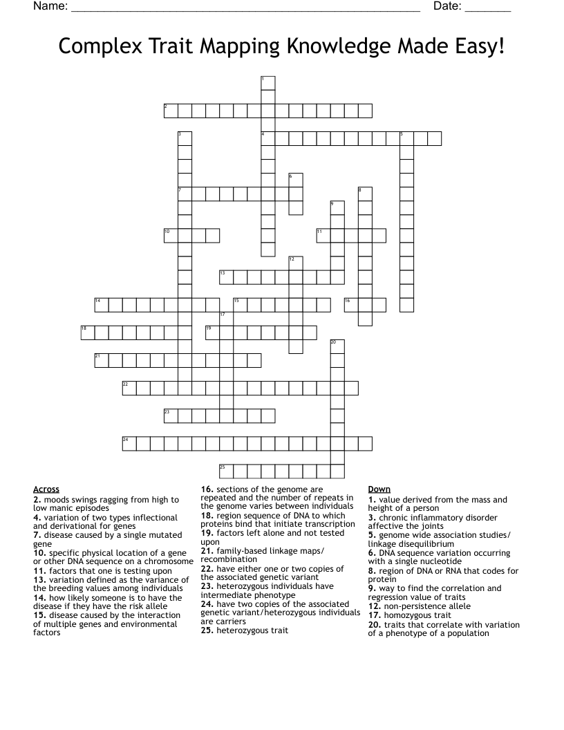 Complex Trait Mapping Knowledge Made Easy! Crossword