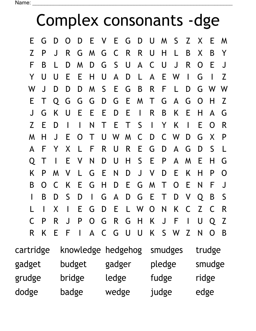 Complex consonants -dge Word Search