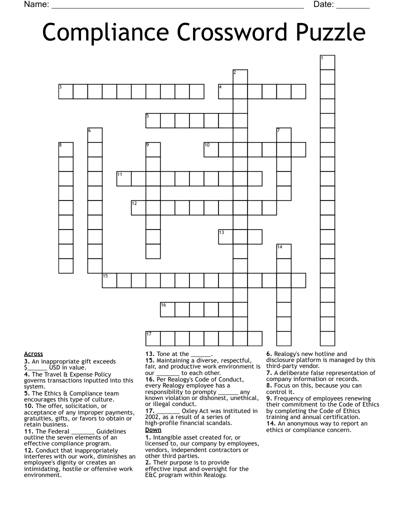 Compliance Crossword Puzzle