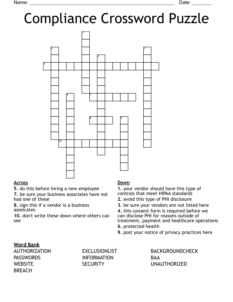 Compliance Crossword Puzzle