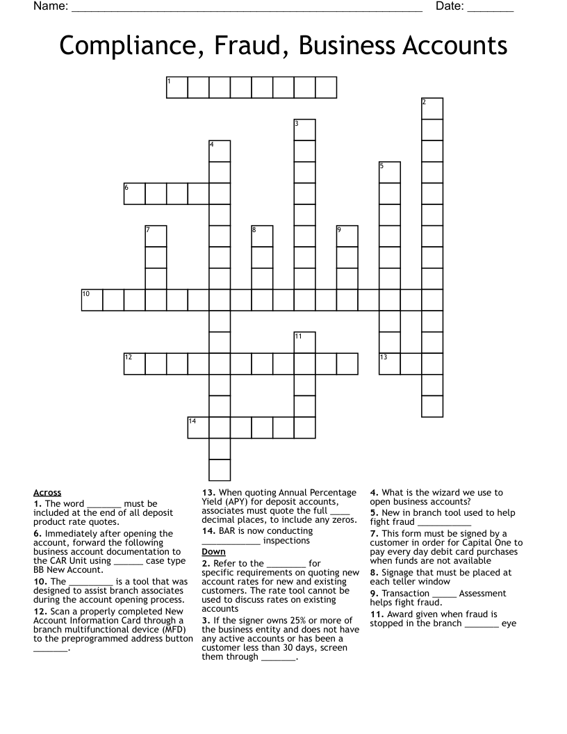 Compliance, Fraud, Business Accounts Crossword