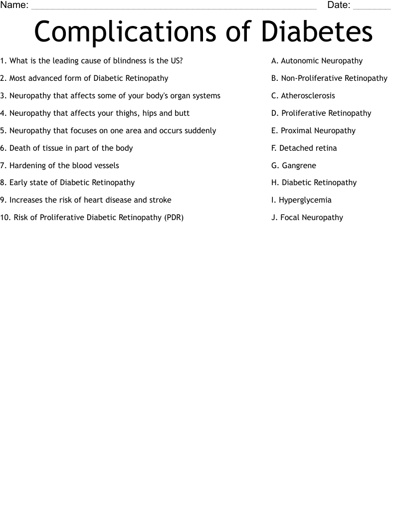 Complications of Diabetes Worksheet