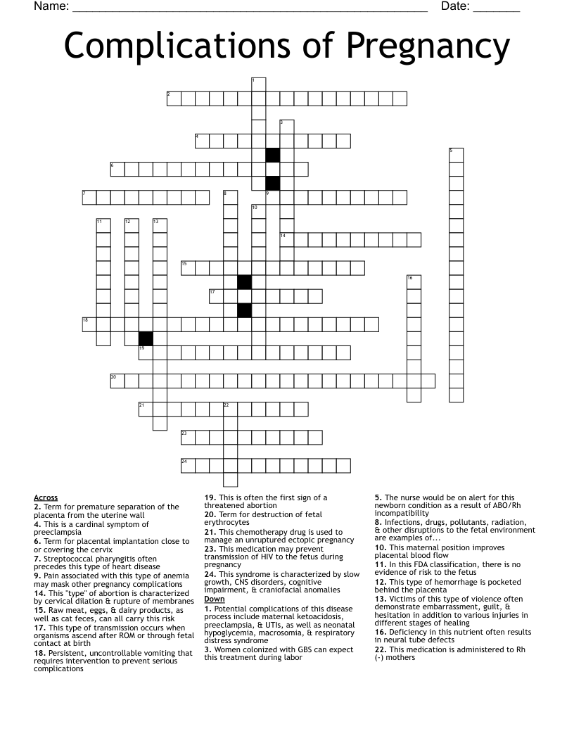 Complications of Pregnancy Crossword