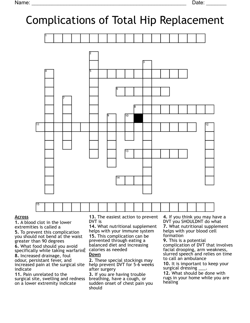 Complications of Total Hip Replacement Crossword
