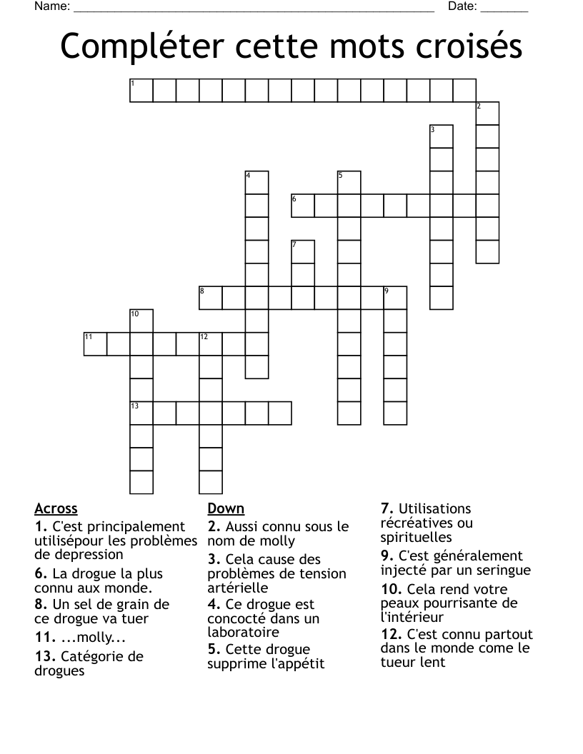 Compléter cette mots croisés Crossword