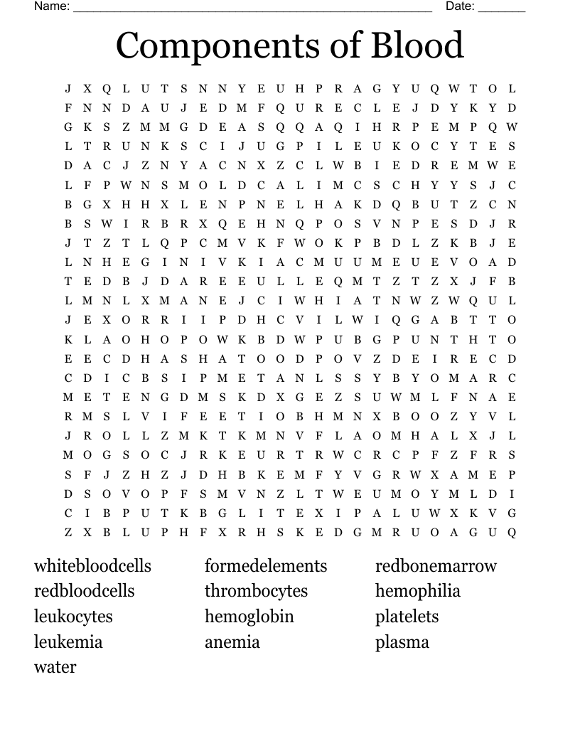 Components of Blood Word Search