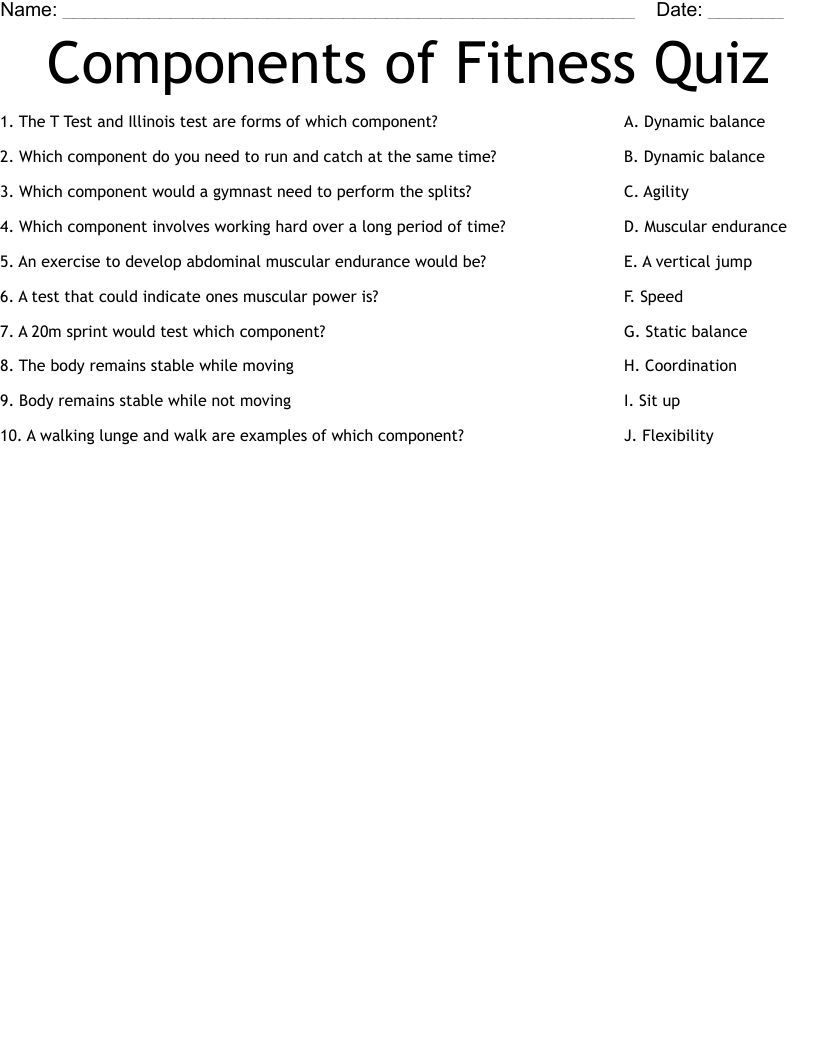 Components of Fitness Quiz Worksheet