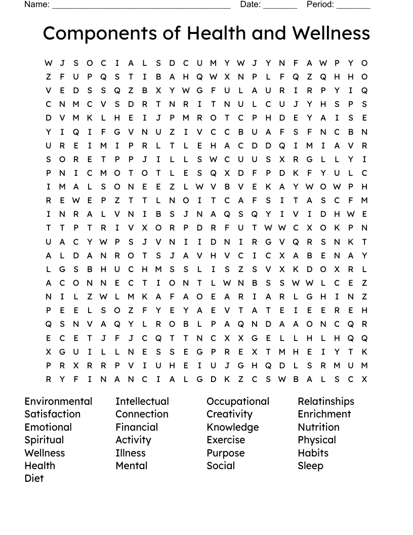 Components of Health and Wellness Word Search