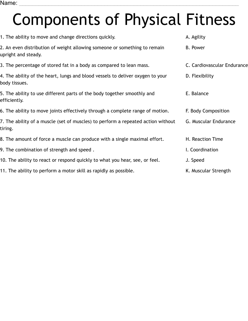 Components of Physical Fitness Worksheet