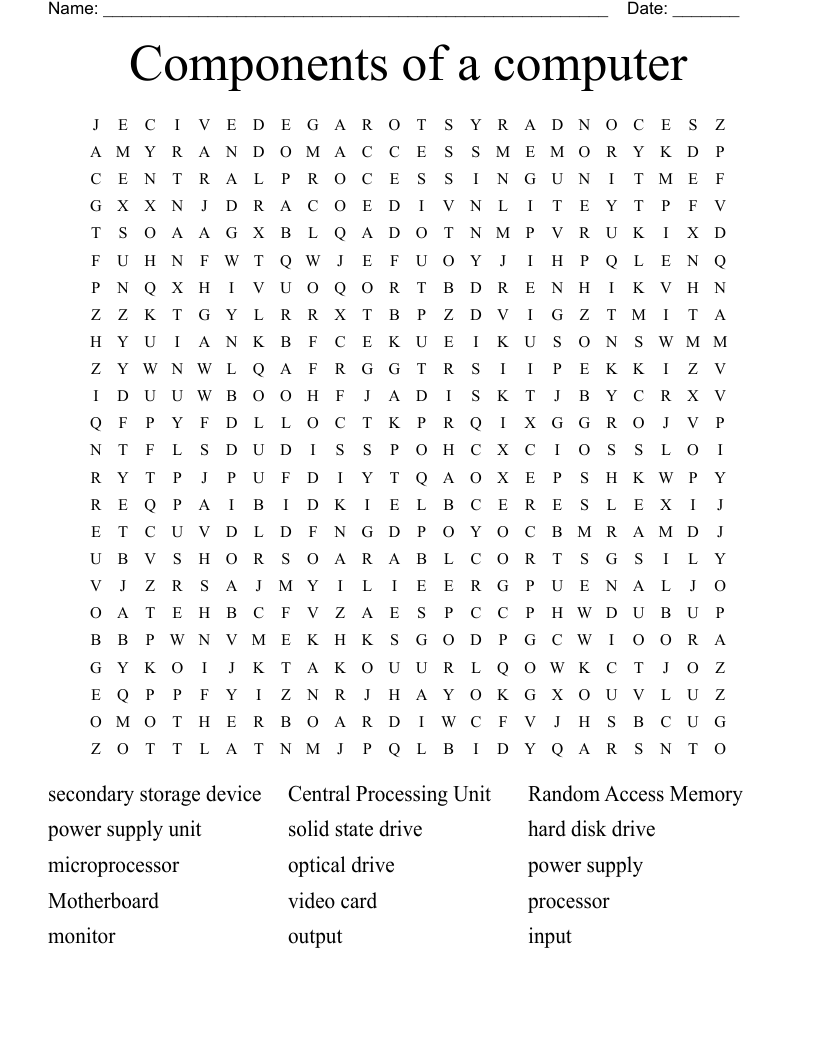 Components of a computer Word Search
